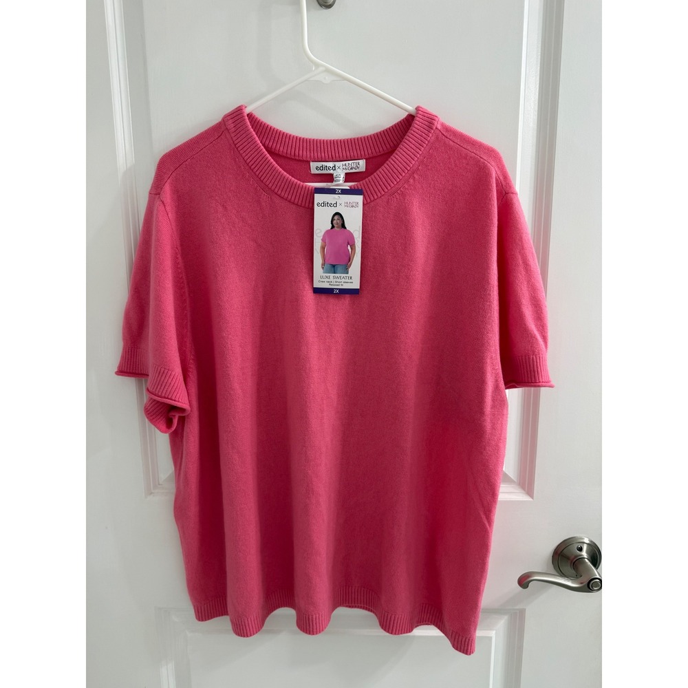 Edited x Hunter McGrady Luxe Sweater Pink Short Sleeve Crew Neck Relaxed Fit 2X